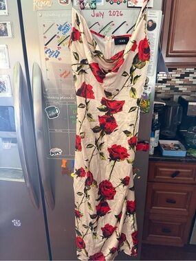 Cider Cream Maxi Slip Dress with Red Rose Print